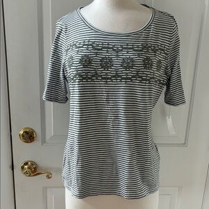 NWT Talbots Olive Embroidered S/S striped slub tee